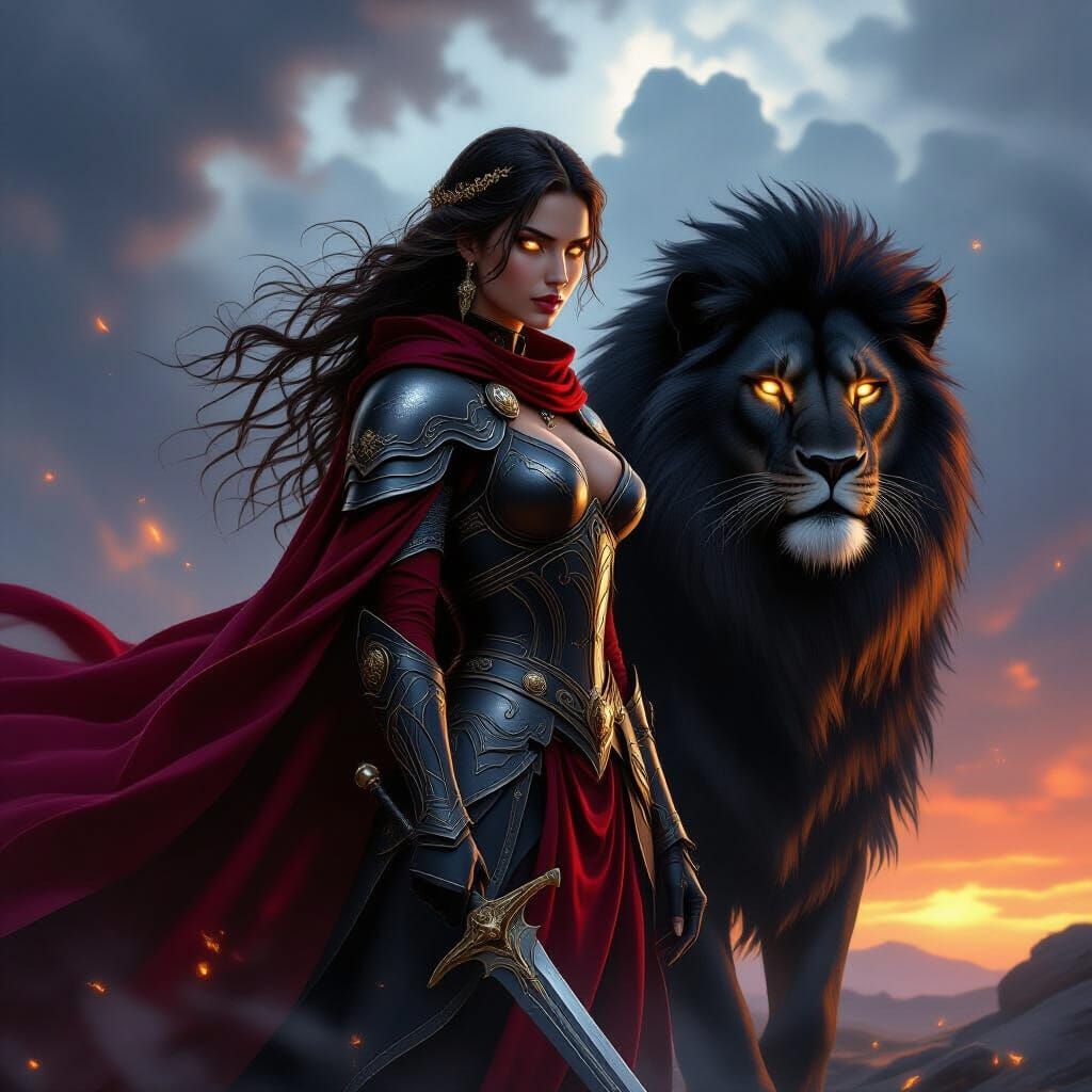 Young Woman With Black Lion In Epic Fantasy Portrait