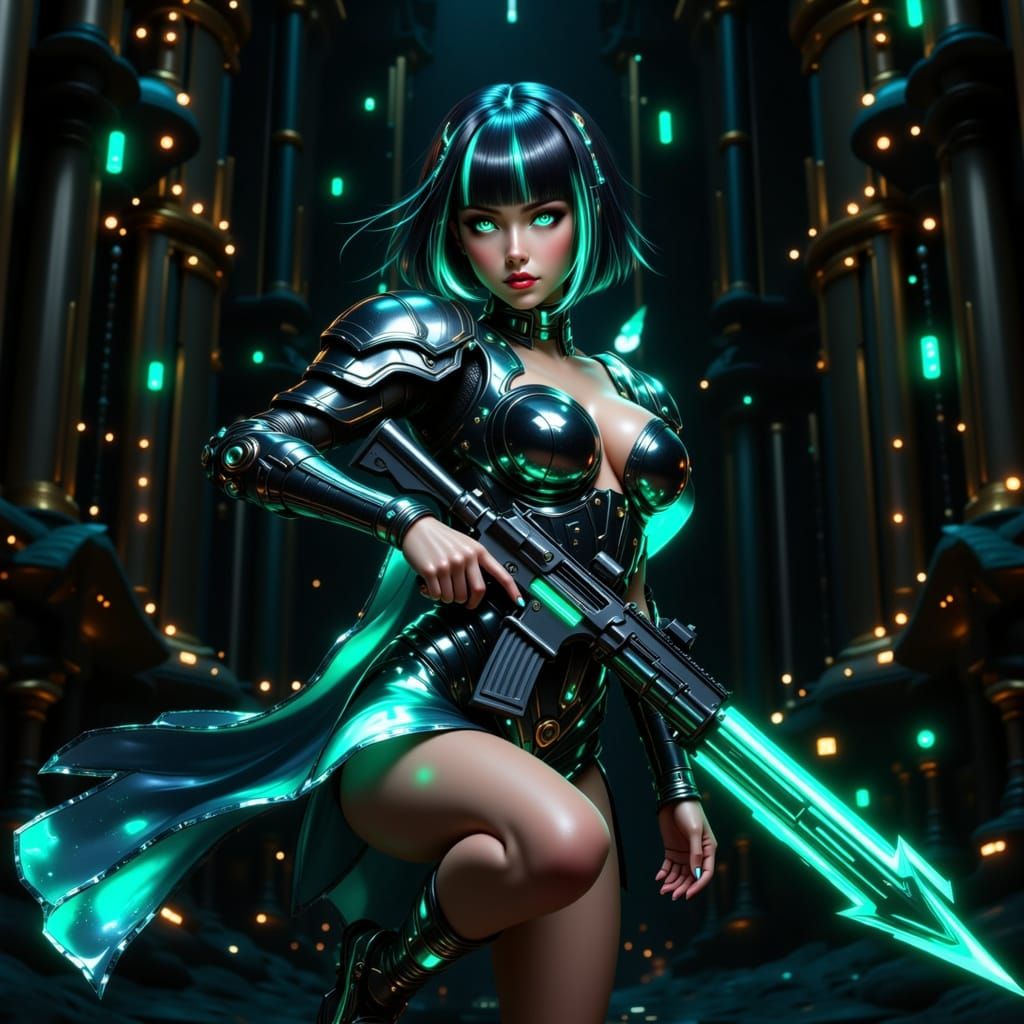 Turquoise-Haired Warrior with Cybernetic Armor