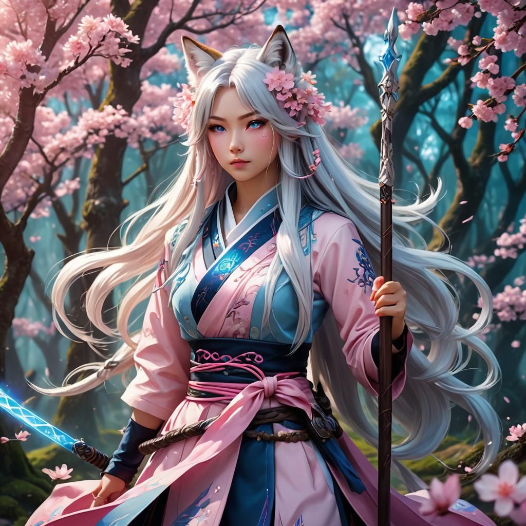 Anime Kitsune Druid with Sakura Staff Portrait