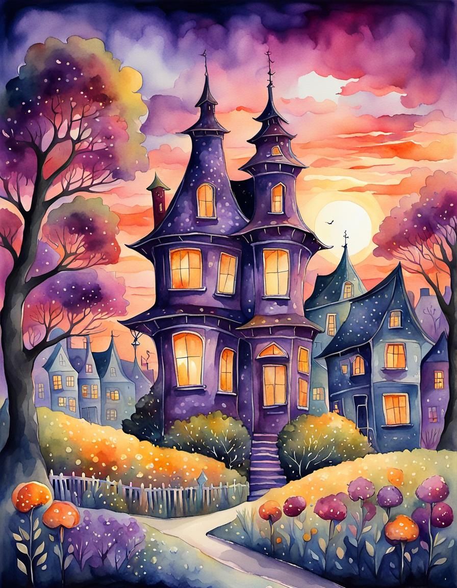 Whimsical Fairytale House in Watercolor at Sunset