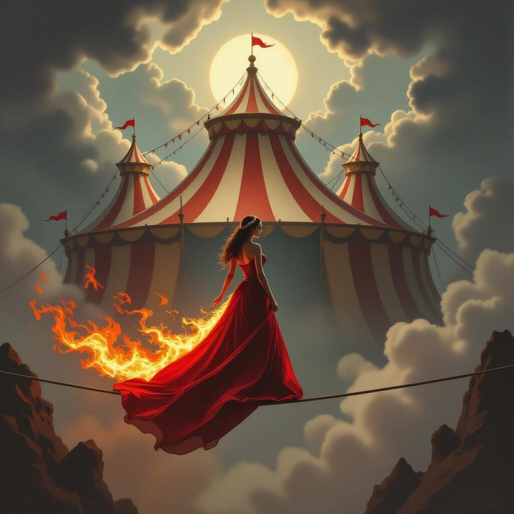 Surrealist Woman on Tightrope with Burning Train