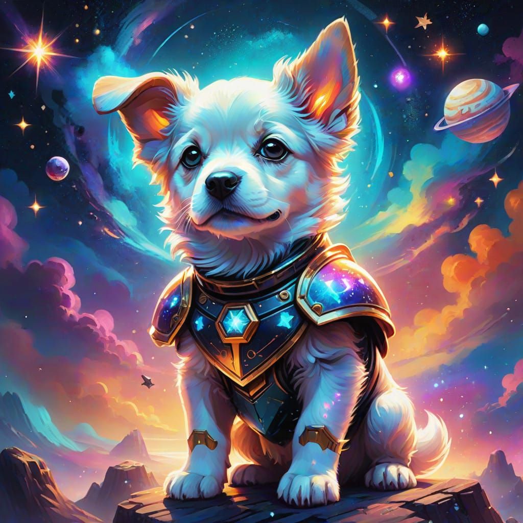 Cosmic Canine Hero in Whimsical Galaxy