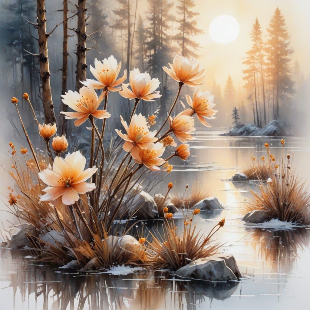 Icy Boreal Lake with Ice Flowers: Watercolour Art