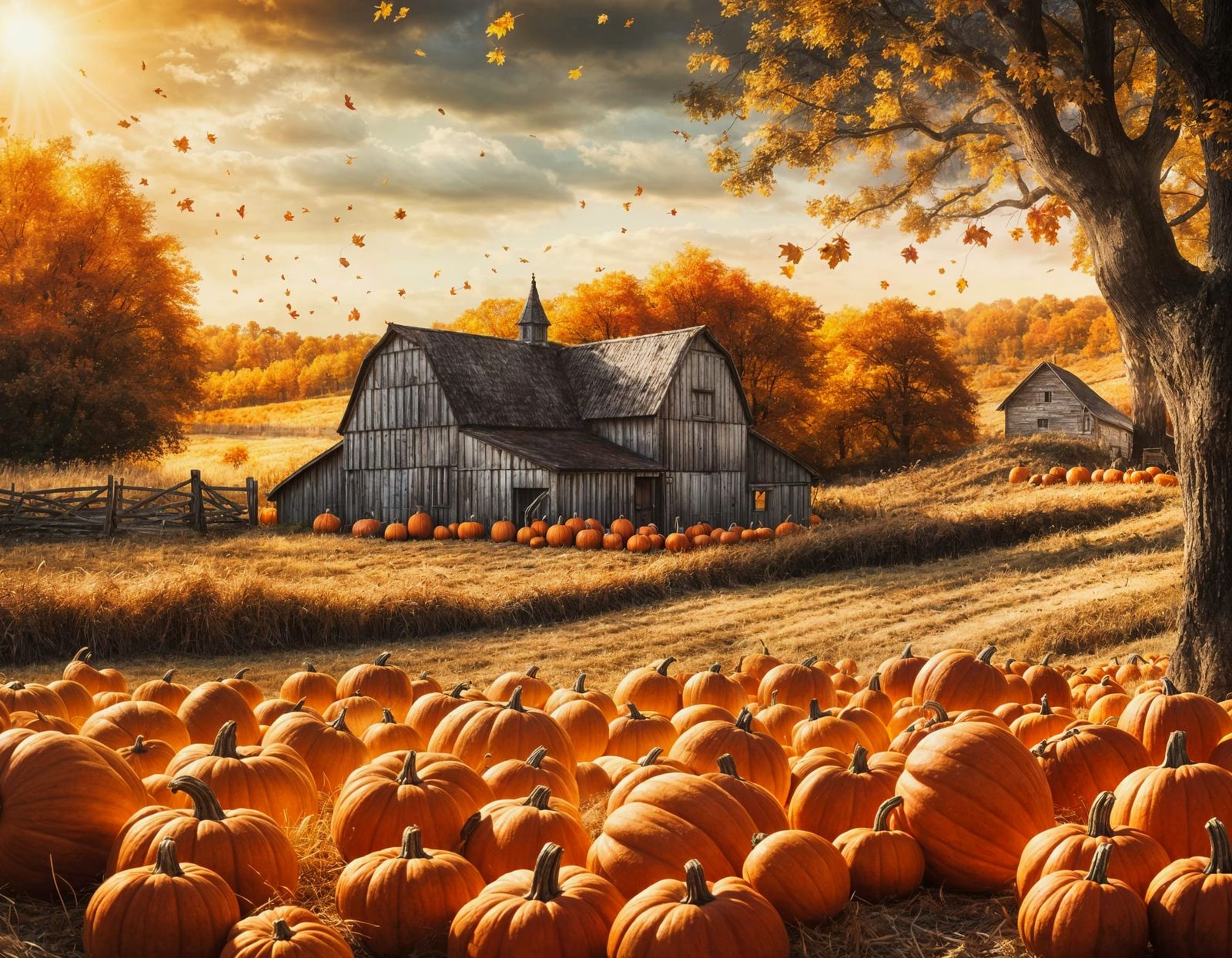 Picturesque Autumn Farm with Pumpkins in Hyperdetailed Photo...