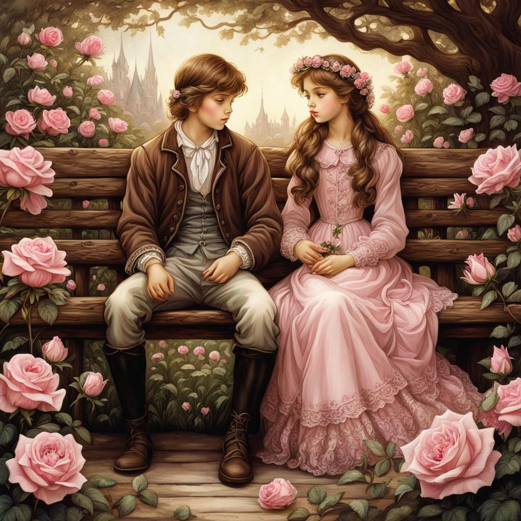 Fairytale Scene of Children in Rose Garden