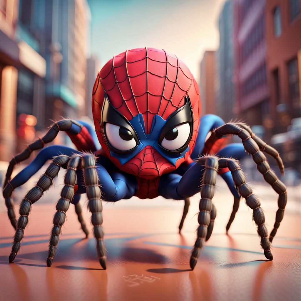 Cute tarantula spider, 8 legs, dressed as Spiderman superhero. Pixar, Disney, concept art, 3d digital art, Maya 3D, ZBru...