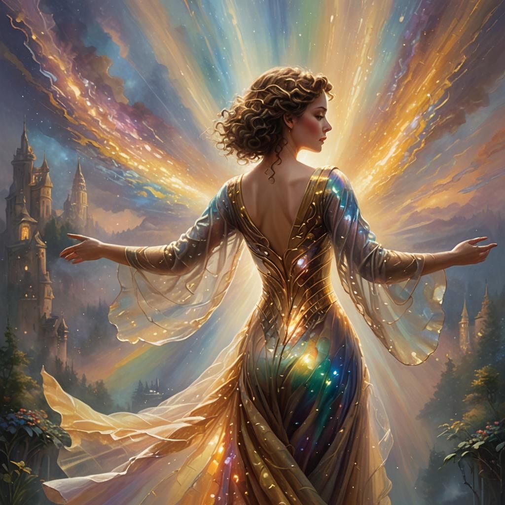 Ethereal Woman in Golden Dress, Thomas Kinkade Style