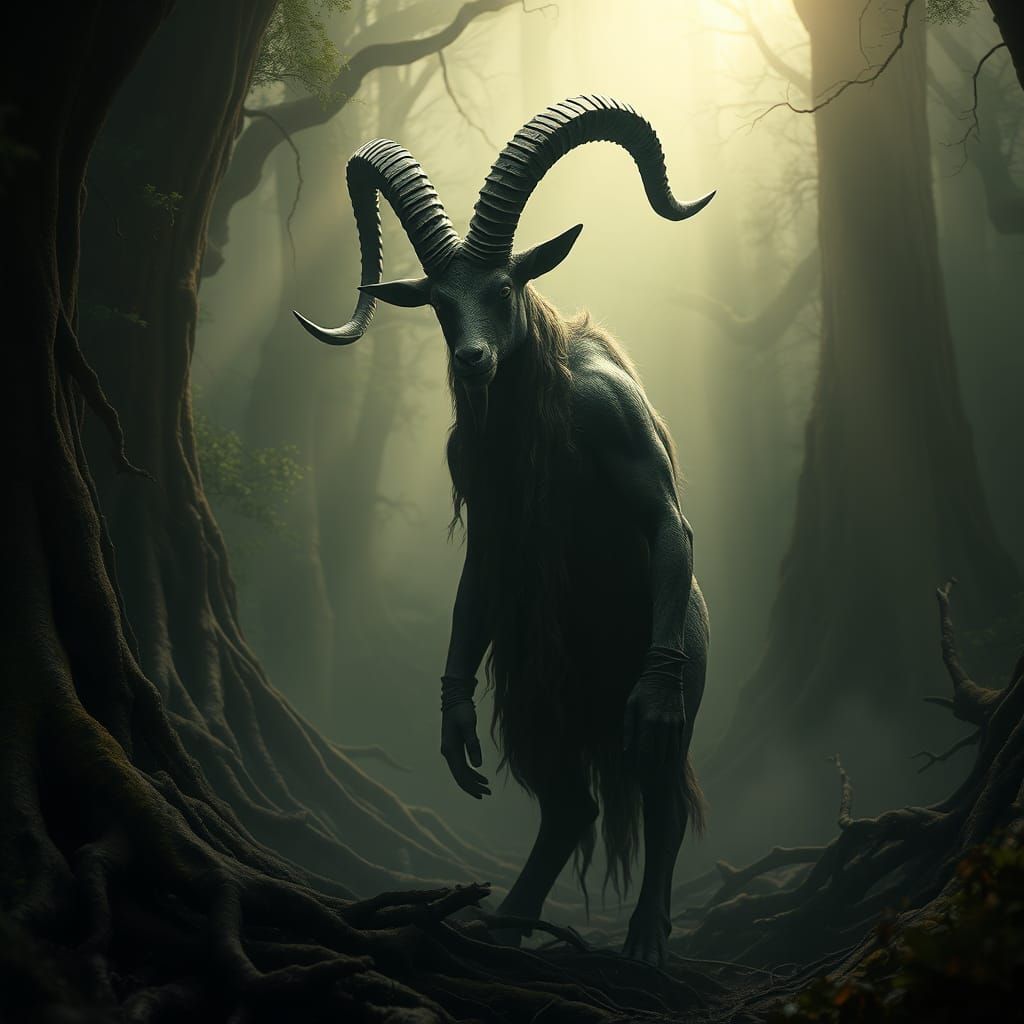 Majestic Goat-Man in Dark Fantasy Forest