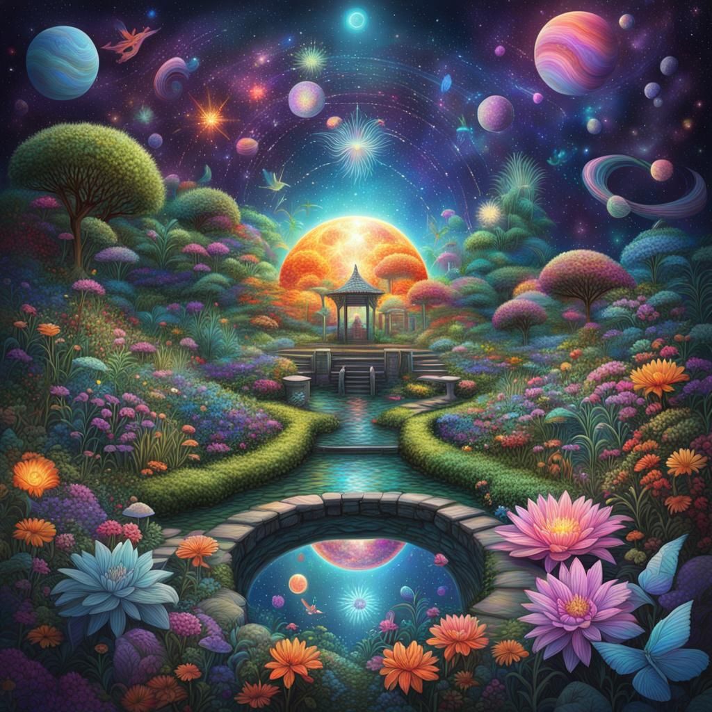 Astral Garden: Holographic Cosmic Illustration