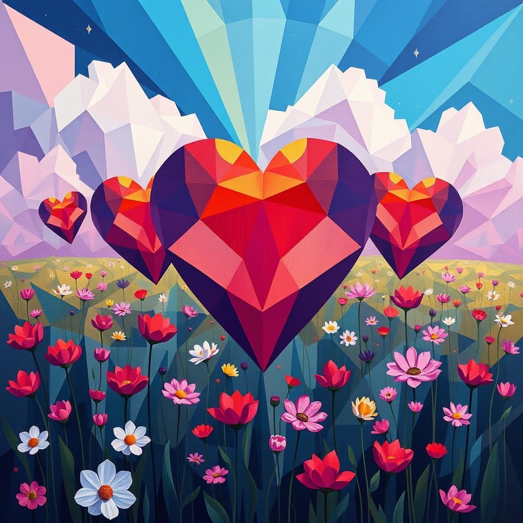 Vibrant Cubist Field of Abstract Hearts