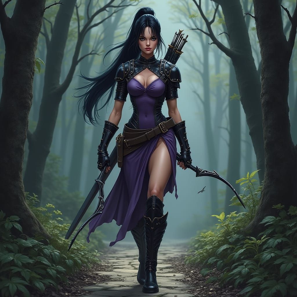 Sensual Warrior in Dark Violet Battle Attire, Evoking Frazet...
