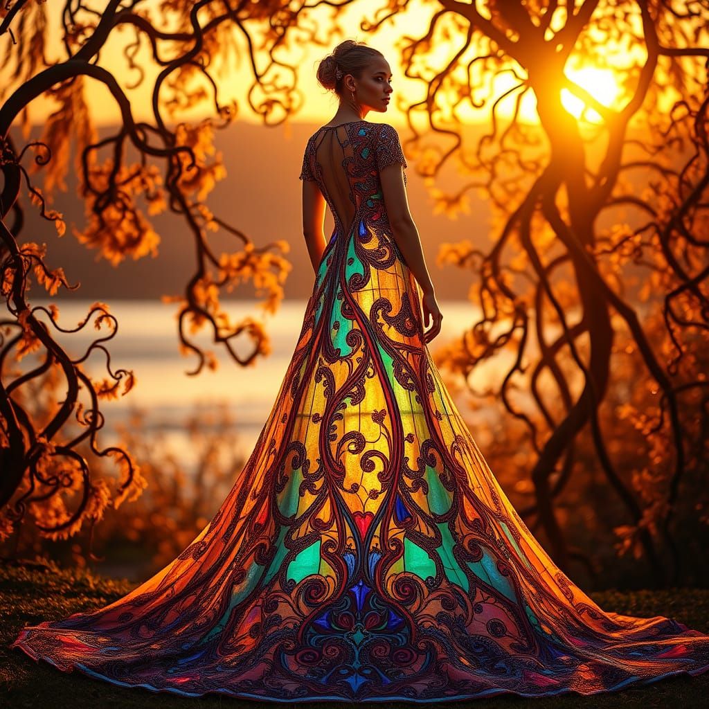 Ethereal Art Nouveau Goddess in Stained Glass Gown