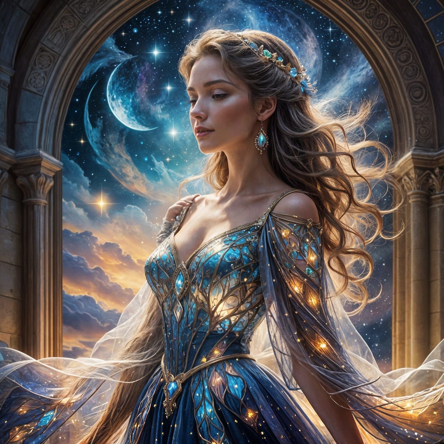 Enigmatic Woman Under Celestial Spotlight