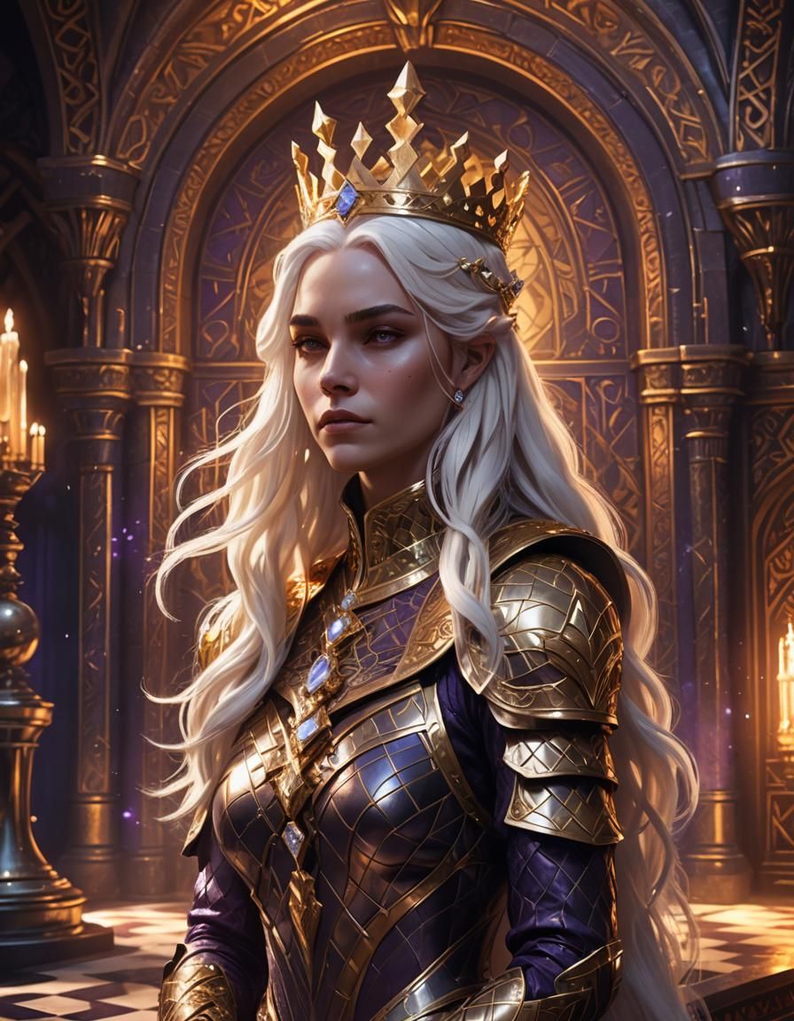 Fantasy Queen on Golden Chessboard in Art Deco Vault