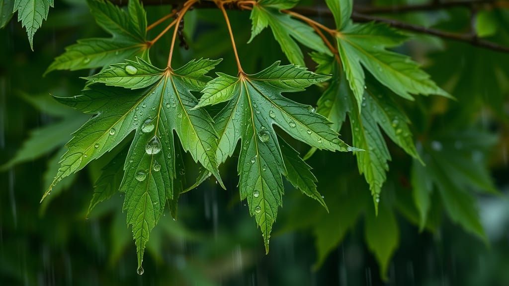 Lush Maple Leaves in Gentle Spring Rain