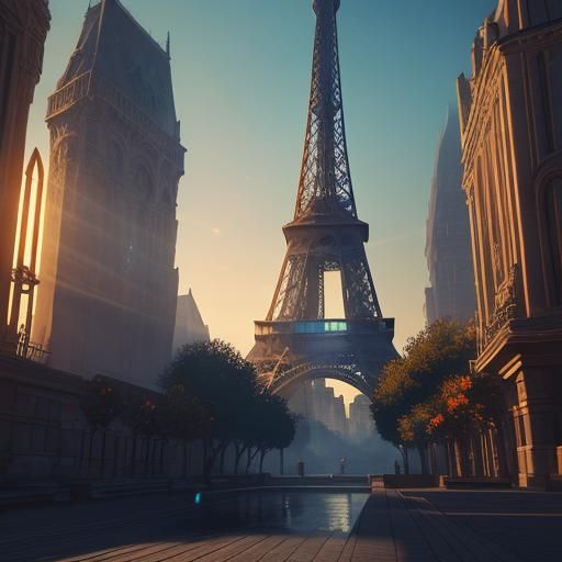 Eiffel Tower as Mystical Spire in Dreamlike Cityscape