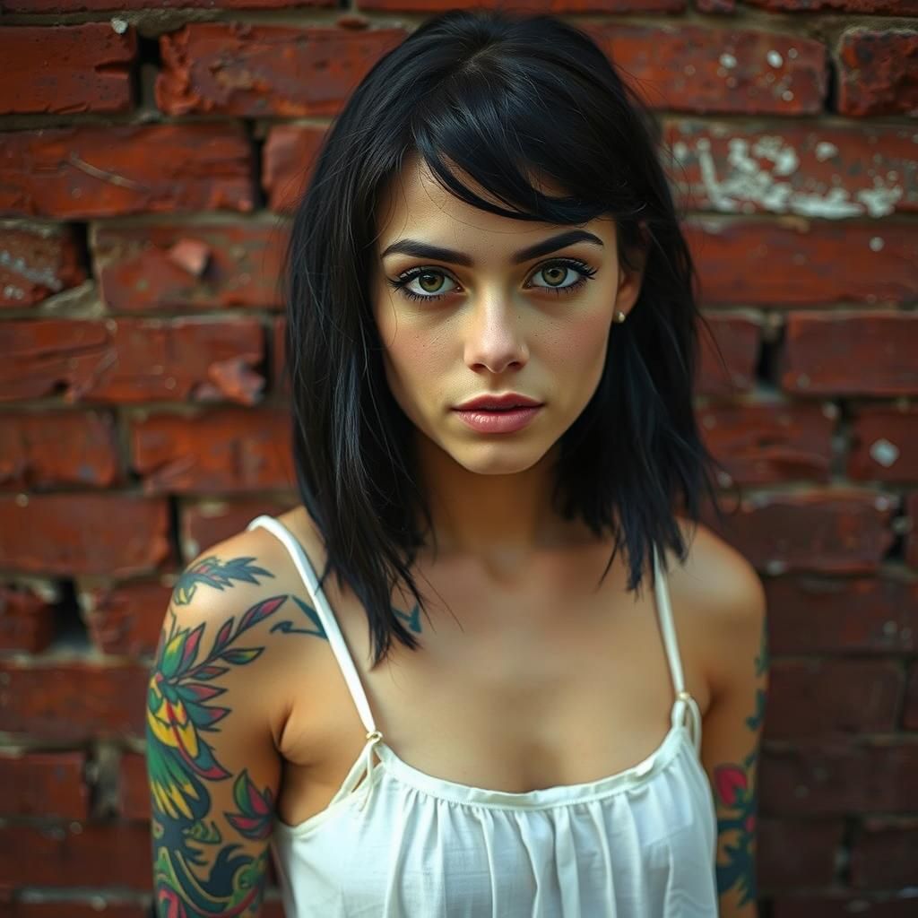 Tattooed Woman in White Dress Portrait