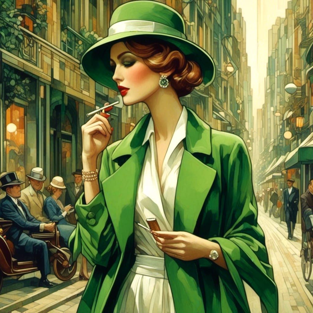 Art Deco Woman Smoking in City Alley