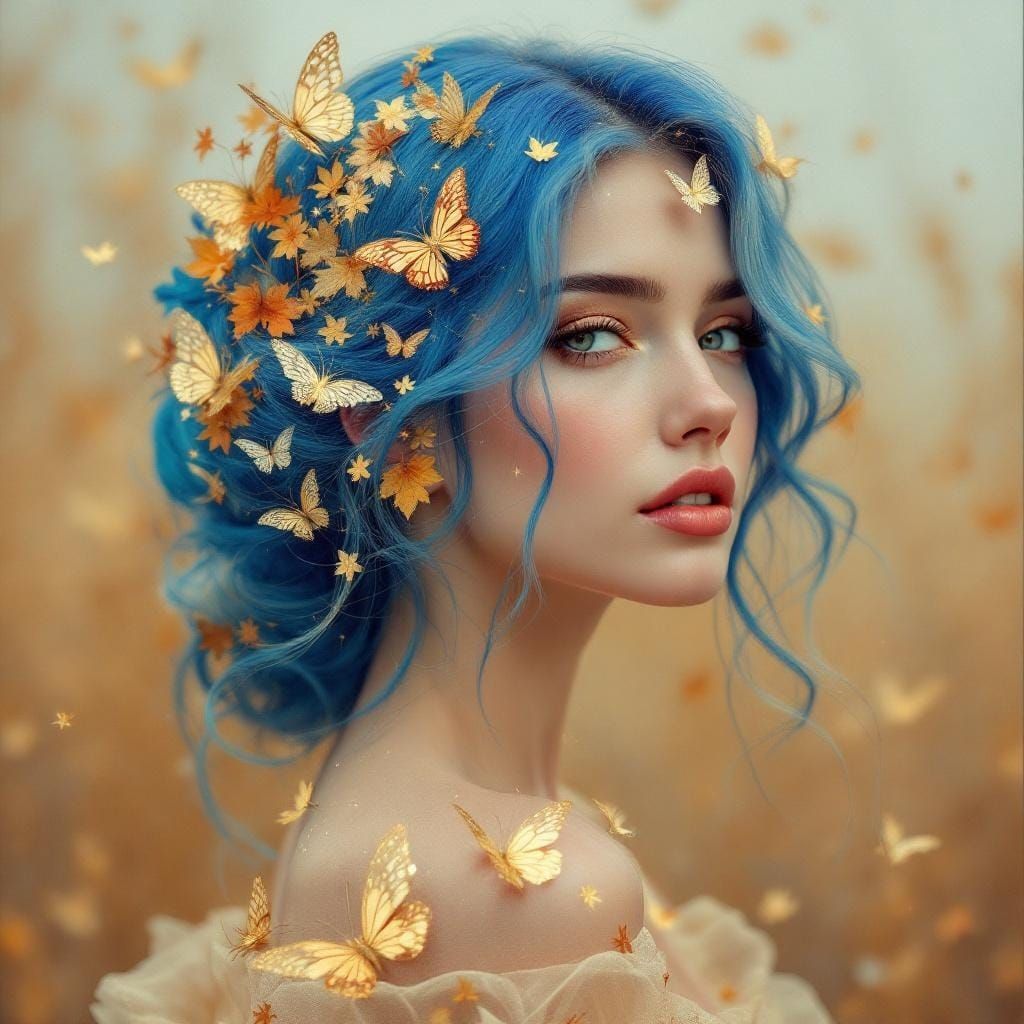 Woman with Blue Hair and Golden Butterflies