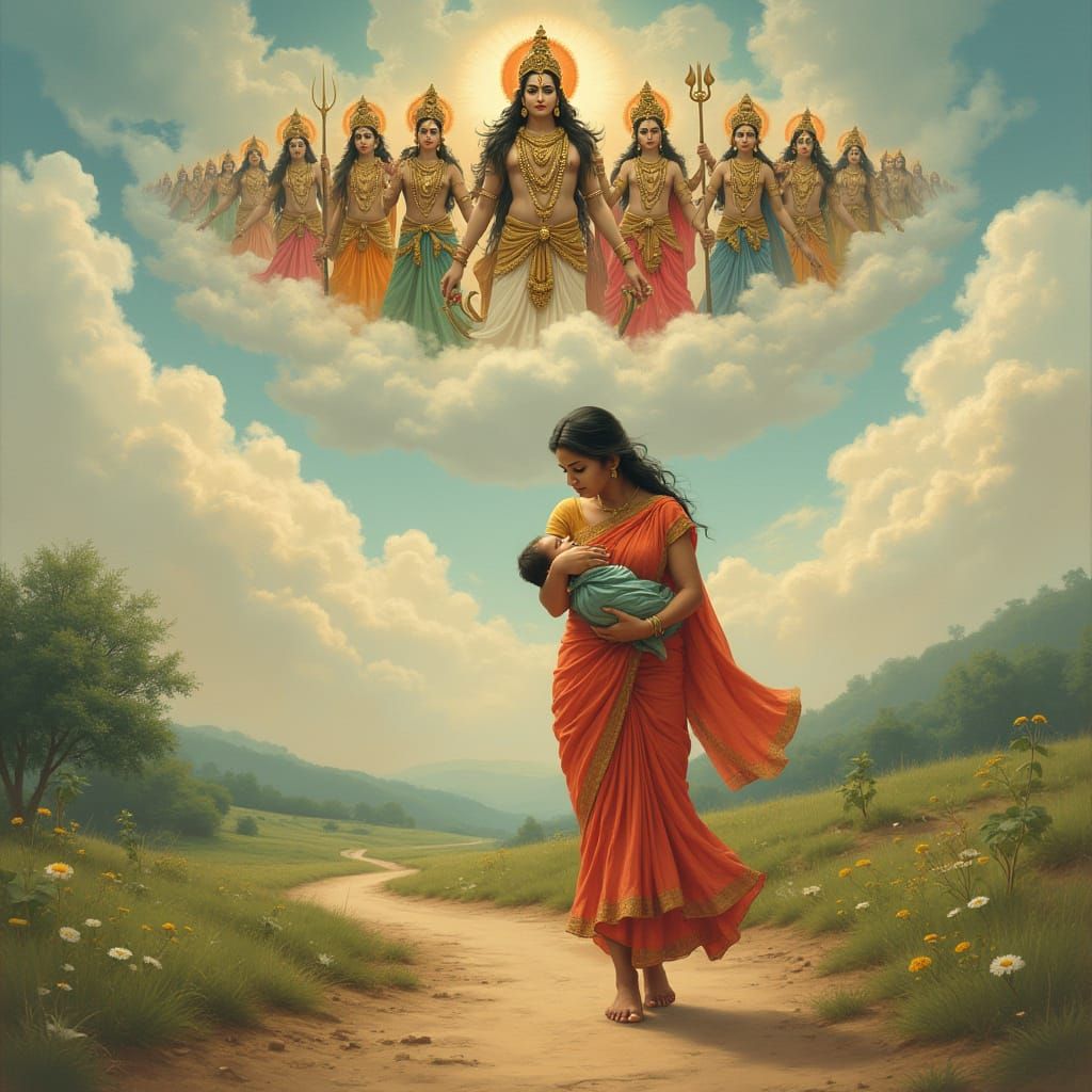 Indian Mother Goddess in Idyllic Landscape, Inspired by Raja...