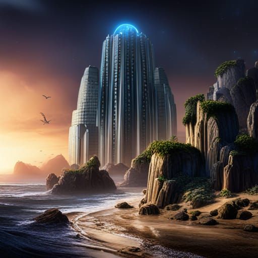 Dystopian Skyscraper Island with Nature Spirits