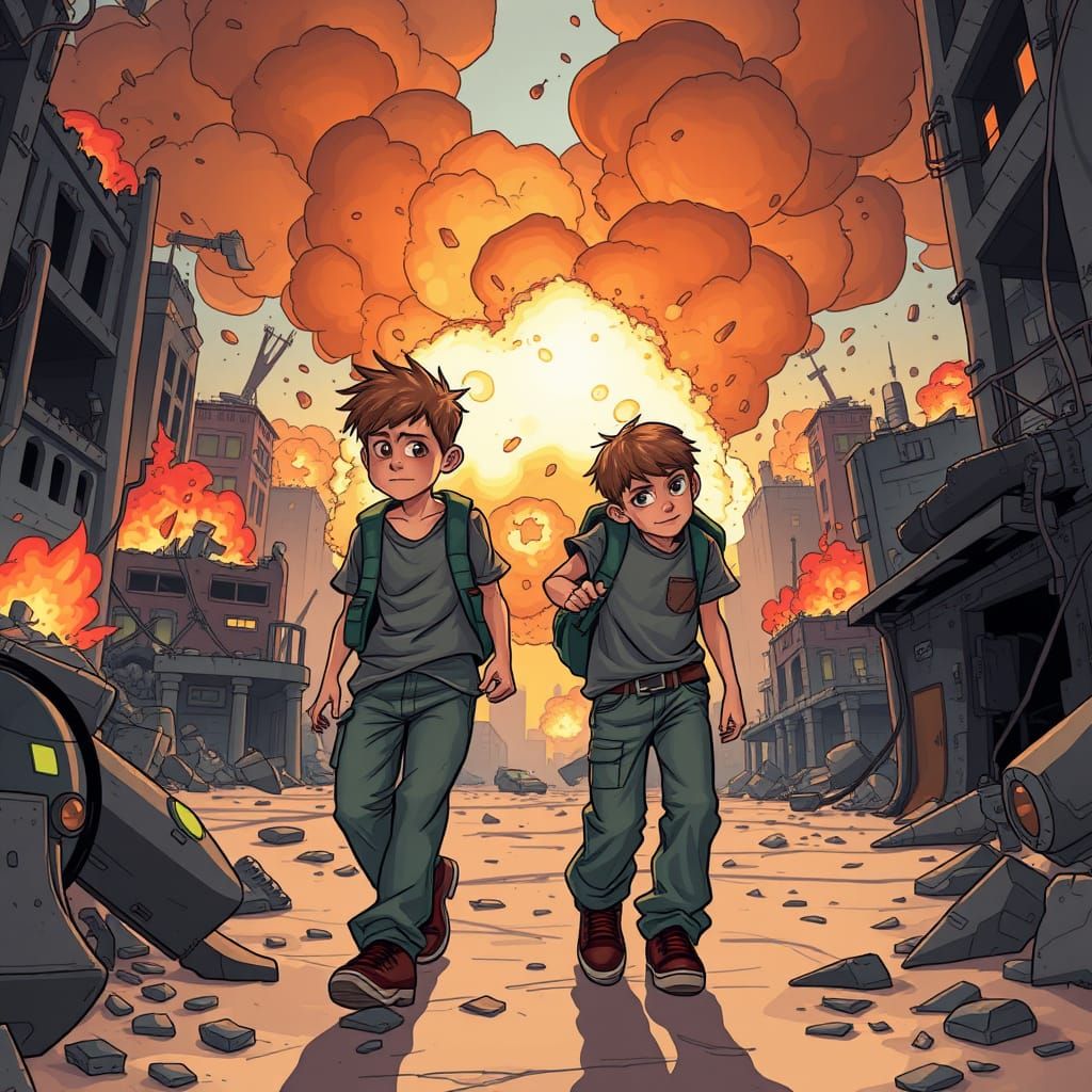 Boys Venture into War Zone in Cartoon Style