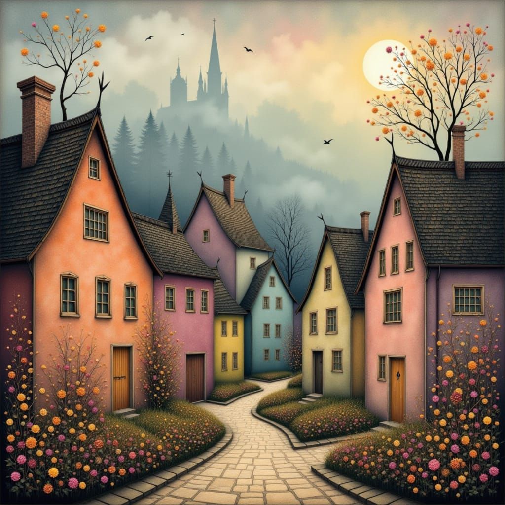 Romantic Misty Village in Klimt Art Deco Style