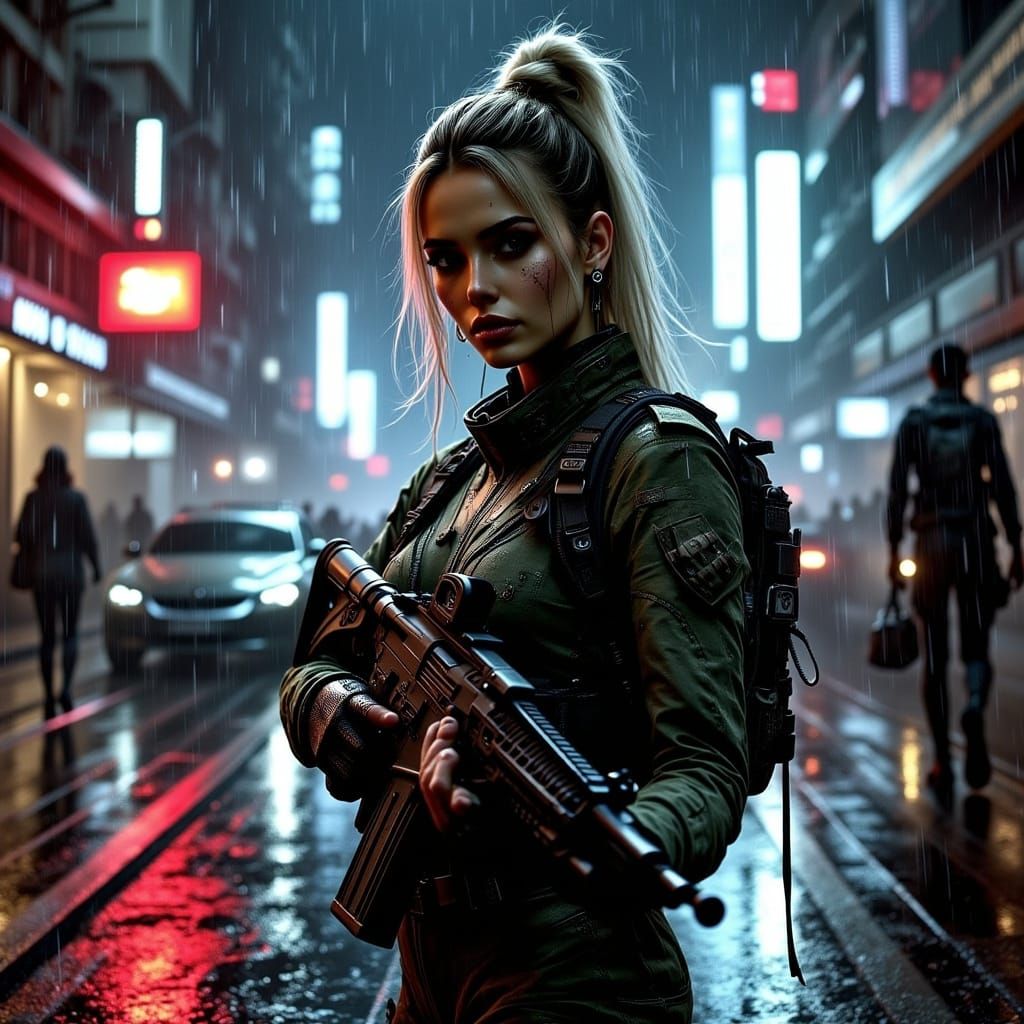 Cyberpunk Woman in Neon Cityscape