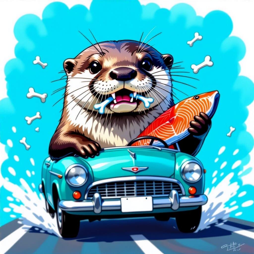 A happy-looking otter, with squinting eyes and small fish bo...