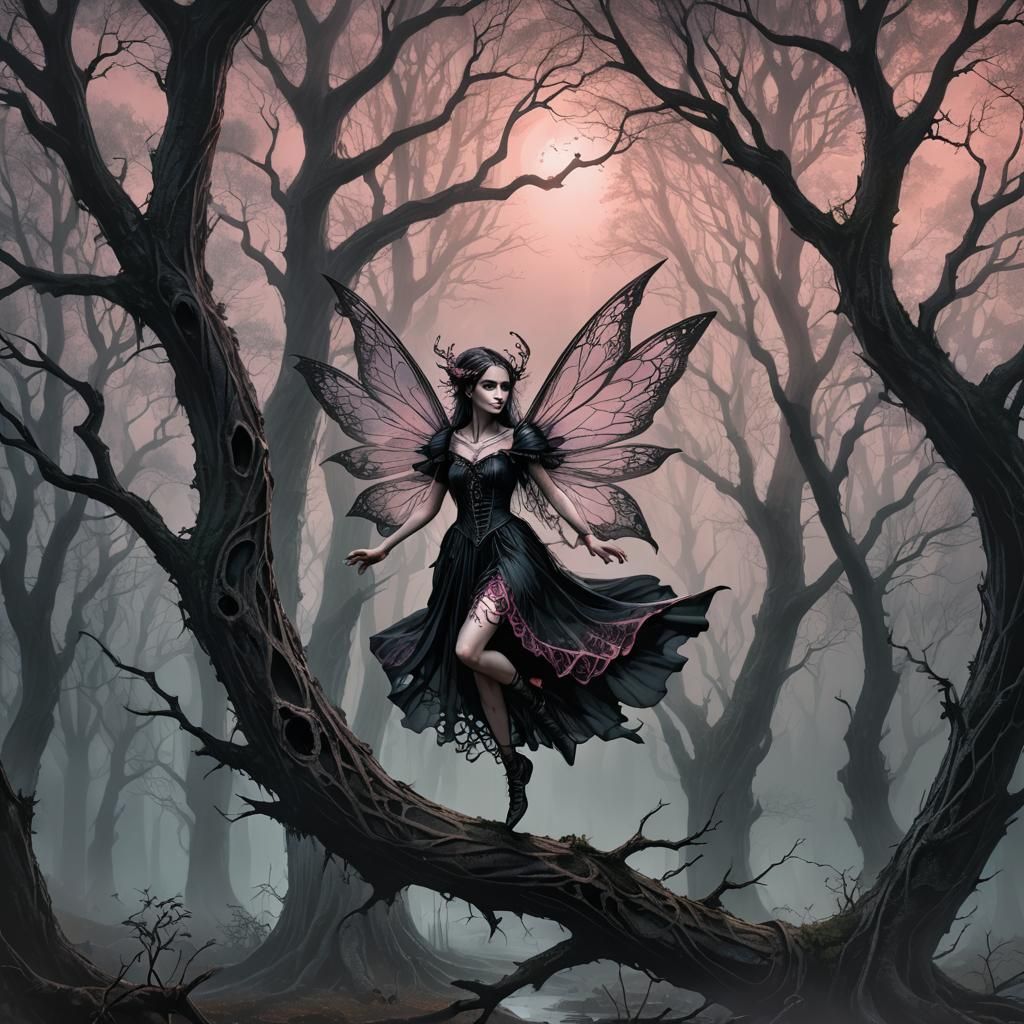 Gothic Fairy in Misty Forest: Fantasy Concept Art
