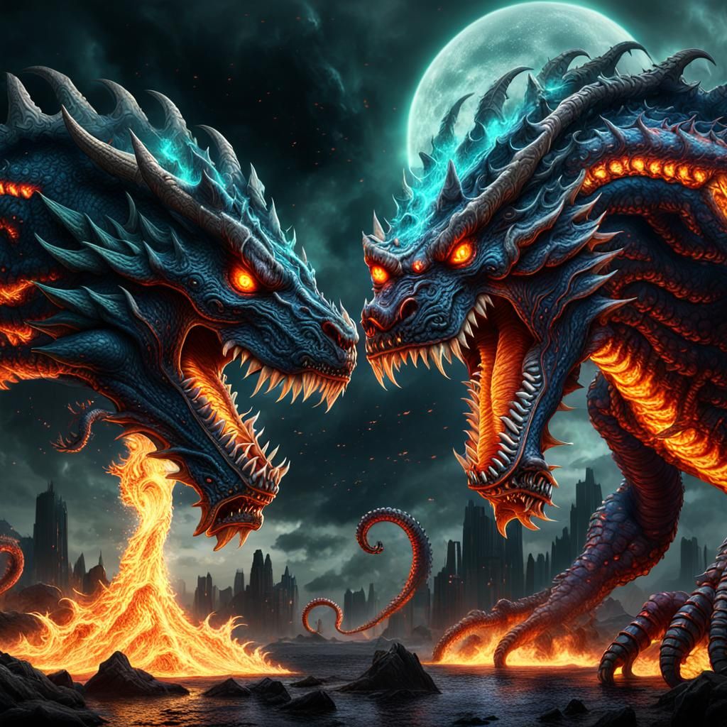 Demonic Kaiju Fire Hydra in Detailed Matte Painting