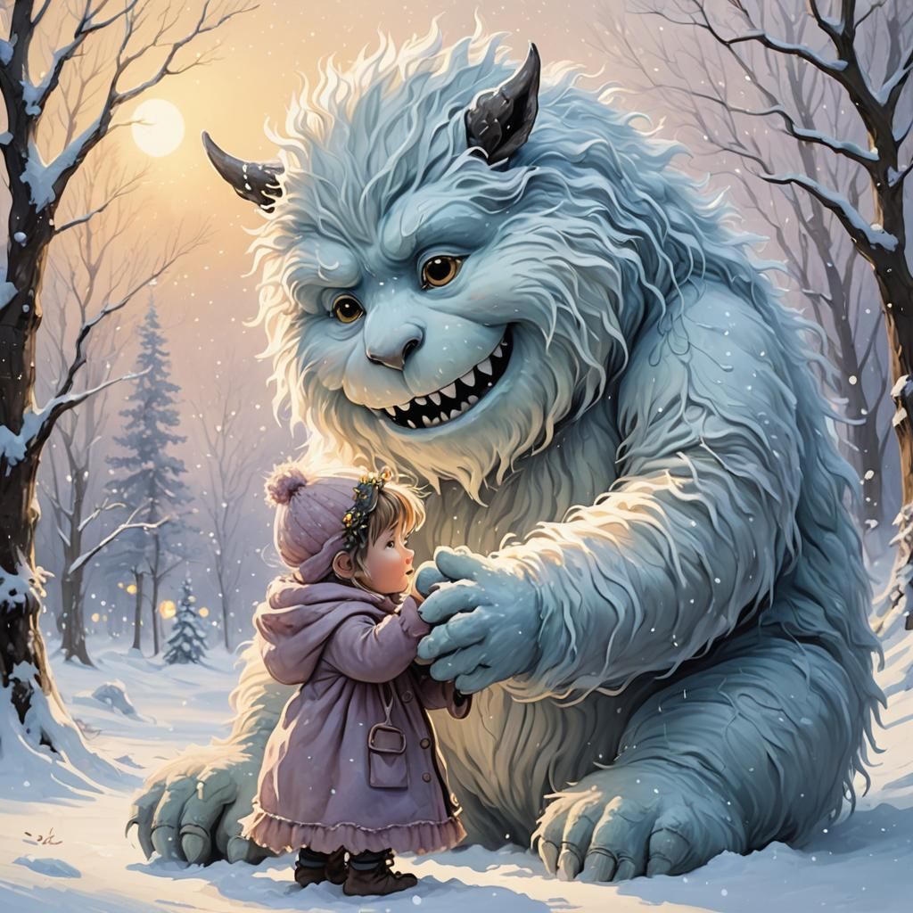 Snow Monster Warms a Fairy: Whimsical Digital Painting