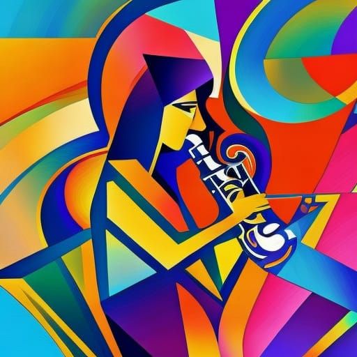 Girl Plays Saxophone in Cubist Geometric Art