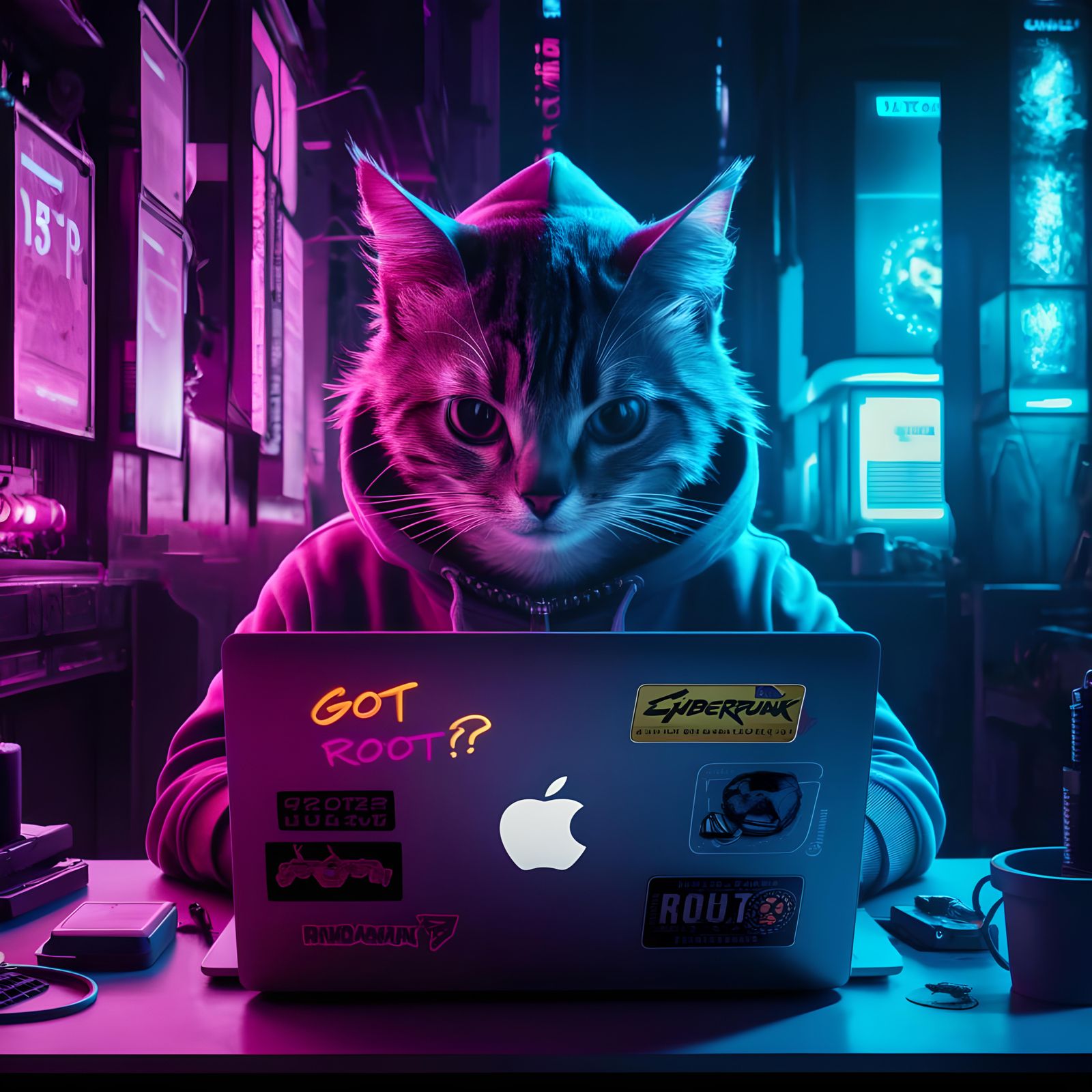Cyberpunk Hacker Cat with Laptop