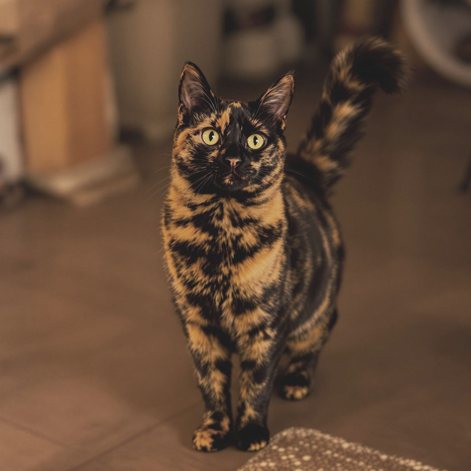 Vibrant, dilute tortoiseshell cat standing proudly, tail held high, from a high-angle human perspective, as if looking d...