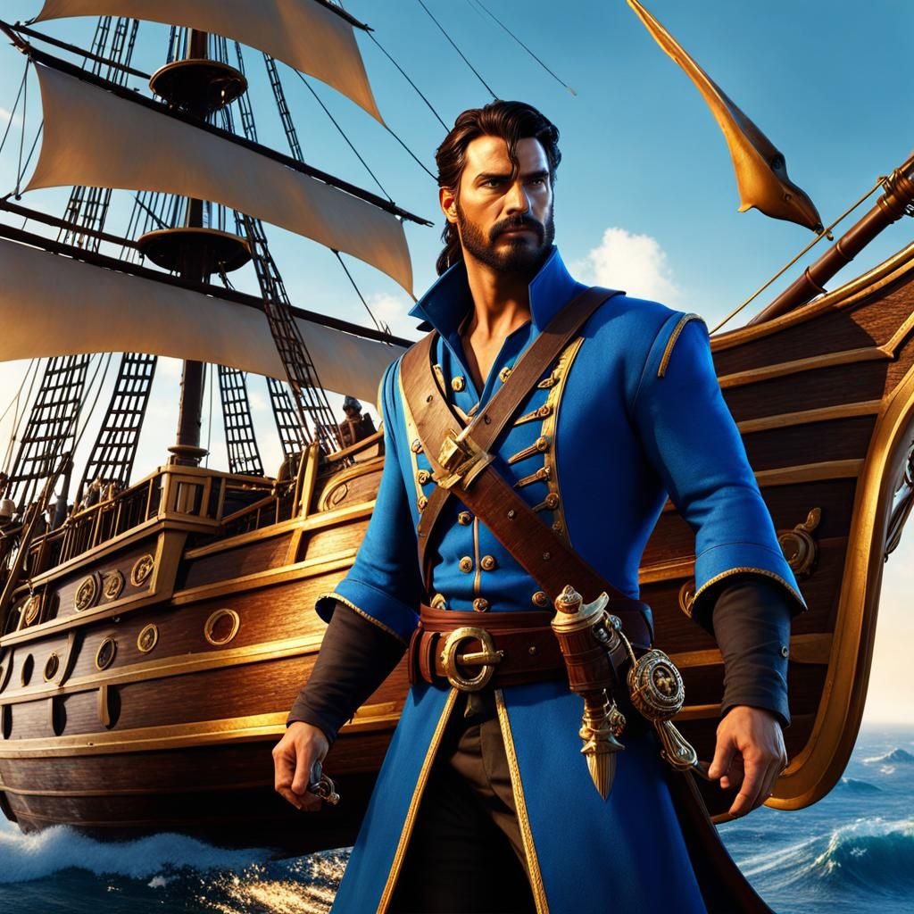 cinematic image of a handsome pirate dressed in blue clothes...