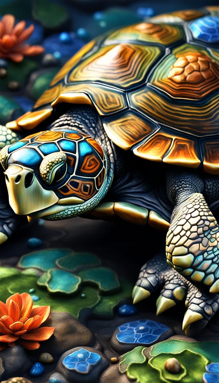Detailed Cloisonne Painting of Mother and Baby Turtle