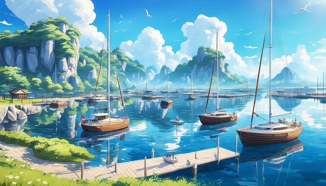 Anime Marina Landscape with Sailboats in 3D