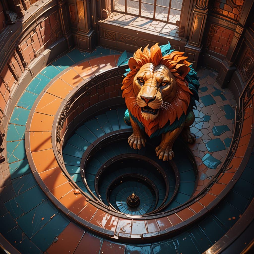 Terracotta Tiled Upper Landing with Lion Balustrades