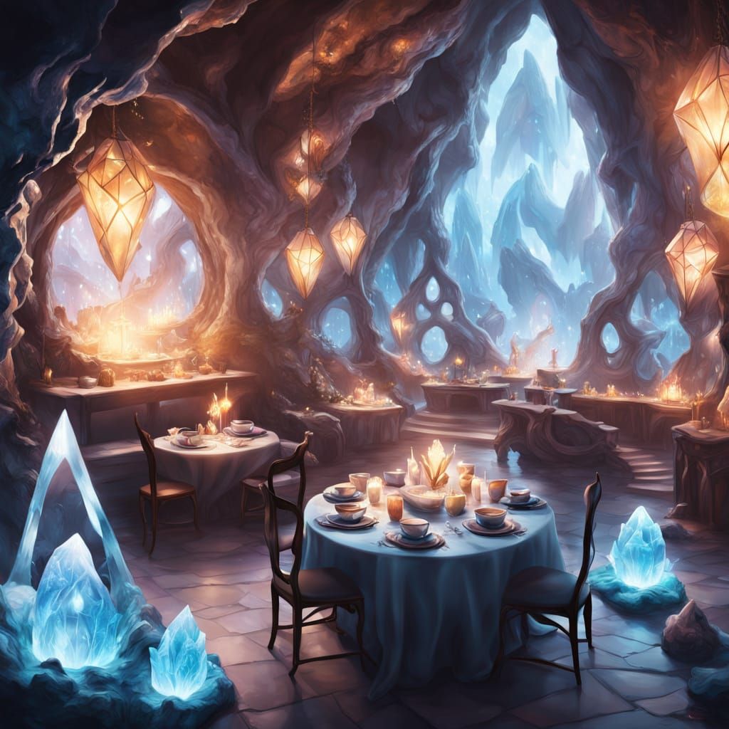 Cozy Crystal Geode Café with Glowing Mugs and Sprites