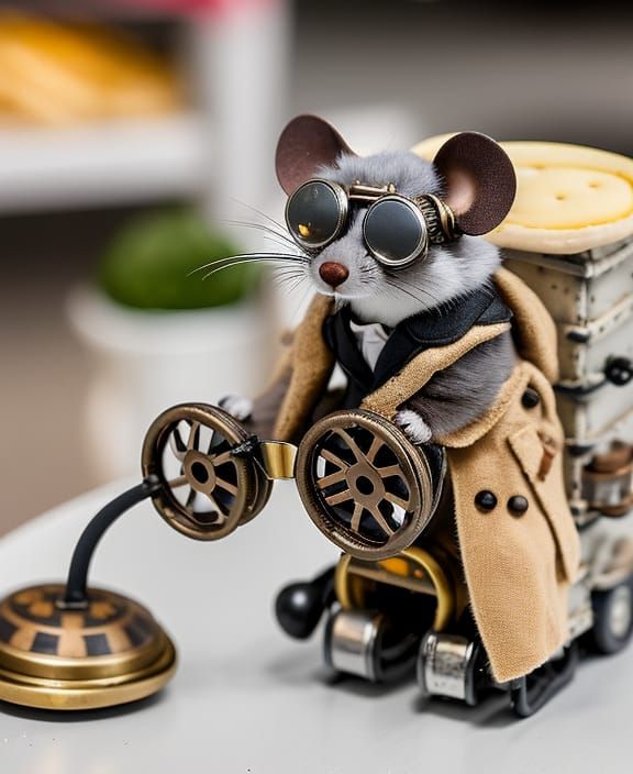 A cheeky little Steampunk mouse with his cheese wagon