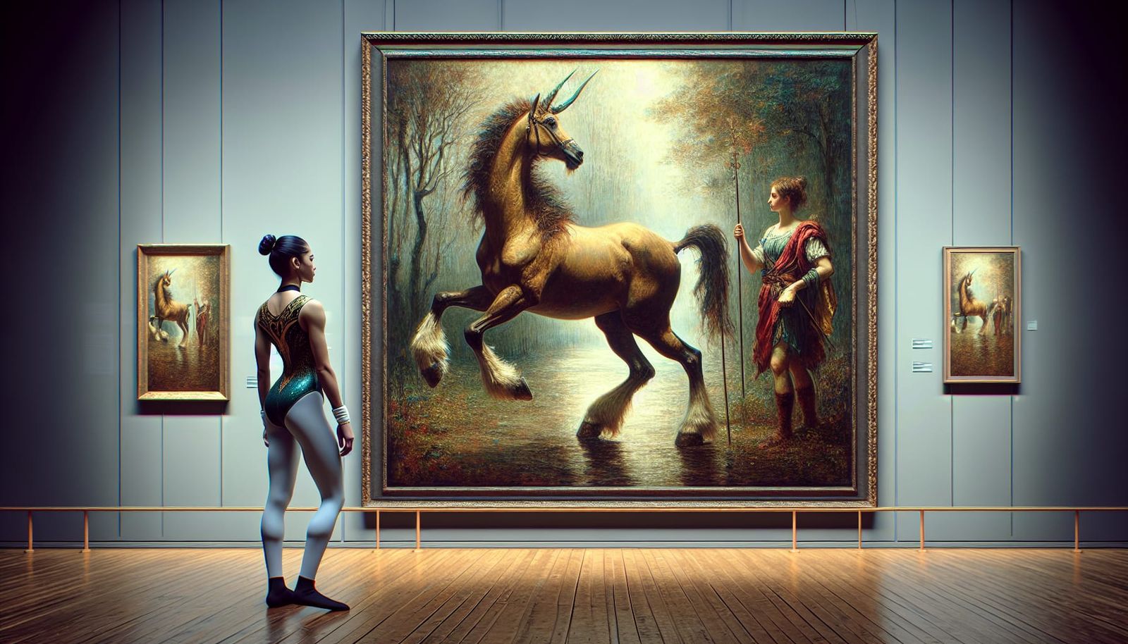 a full body portrait of a gymnast wearing a leotard and tights stands in a gallery examining a huge oil painting by arti...