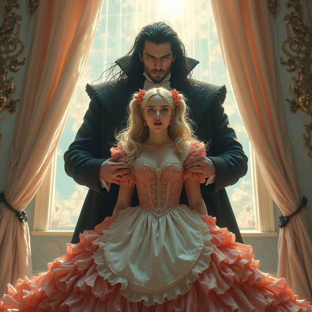 Vampire King Captures Prissy Maid in Regal Bedroom