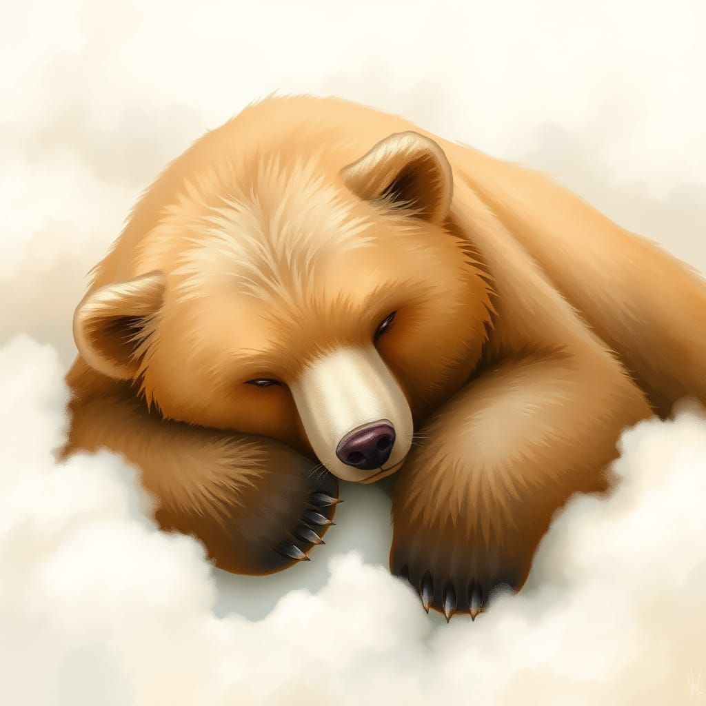Surreal Brown Bear Slumbers on a Fluffy Cloud