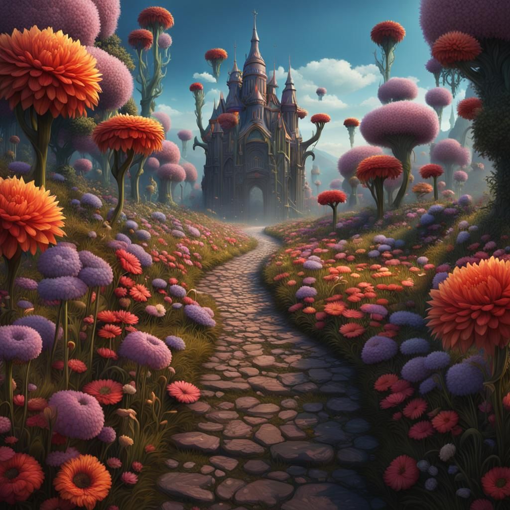 Woman Walks Flower-Lined Path: Fantasy Matte Painting