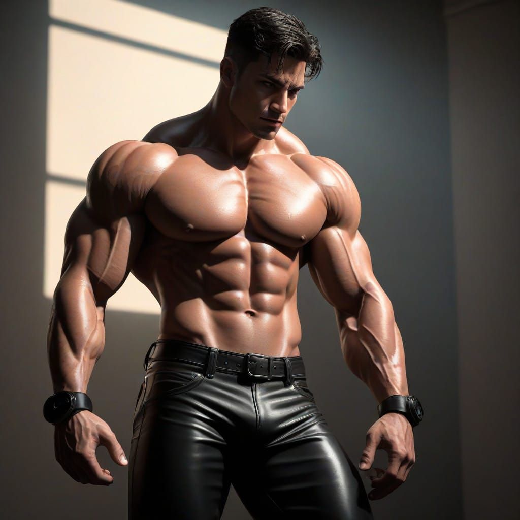 Muscular Bodybuilder in Leather Pants