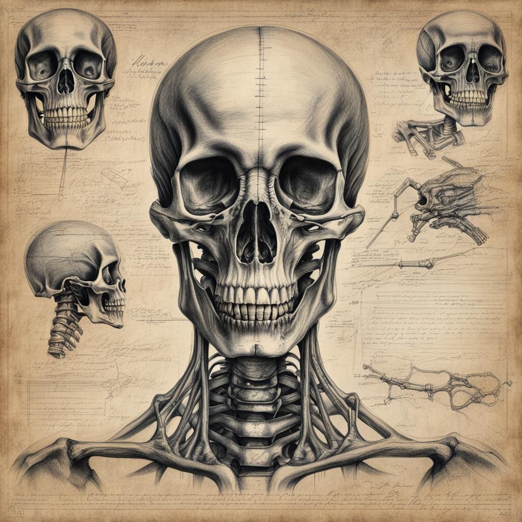 Alien Skeleton Dissection Blueprint in Charcoal