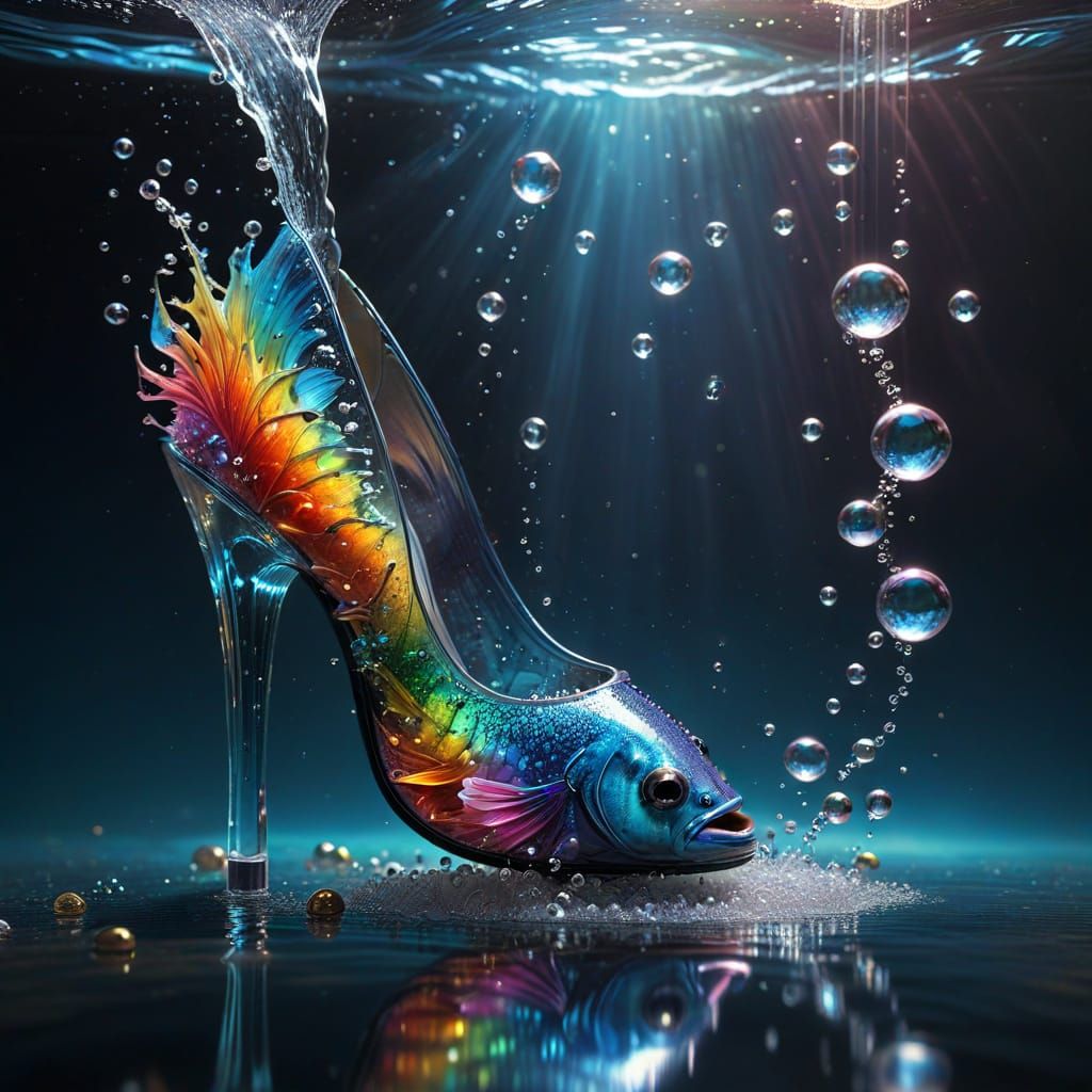 Liquid Gemstone High Heels with Fish, Digital Art