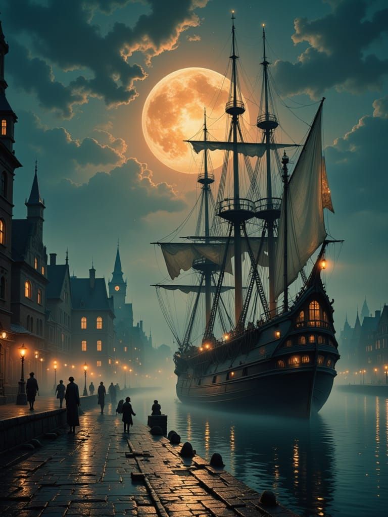 Colossal Tall Ship Under Nebula Moon Over Foggy Venice Harbo...