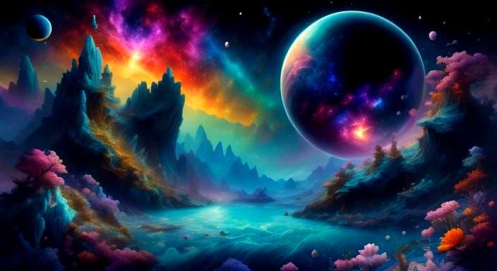 Opalescent Nebula Shores in Art Nouveau Style